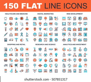 Vector set of 150 flat line web icons on following themes - healthcare and medicine, digital marketing, web development, shopping and retail, research and science, analytics and investment