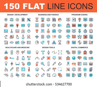 Vector set of 150 flat line web icons on following themes - design and development, business and finance, program coding, healthcare and medicine, design tools, digital commerce.
