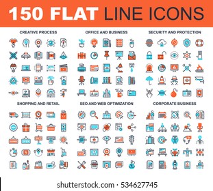 Vector set of 150 flat line web icons on following themes - creative process, corporate business, office and business, security and protection, shopping and retail, SEO and web optimization.