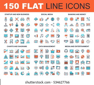 Vector set of 150 flat line web icons on following themes - startup and new business, social media, banking and money, charts and diagrams, data management, media and entertainment.