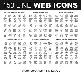 Vector set of 150 flat line web icons on following themes - healthcare and medicine, digital marketing, web development, shopping and retail, research and science, analytics and investment.