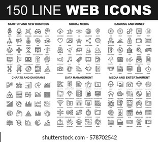 Vector set of 150 flat line web icons on following themes - startup and new business, social media, banking and money, charts and diagrams, data management, media and entertainment