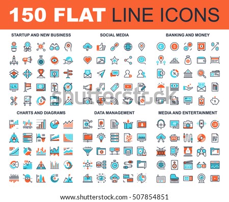 Vector set of 150 flat line web icons on following themes - startup and new business, social media, banking and money, charts and diagrams, data management, media and entertainment
