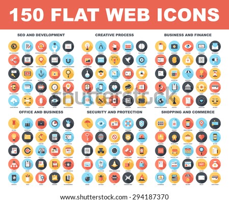 Vector set of 150 flat web icons with long shadow on following themes - SEO and development, creative process, business and finance, office and business, security and protection, shopping and commerce Foto stock © 