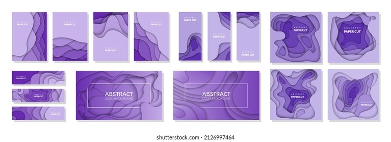 Conjunto de vectores de 16 fondos con formas de corte de papel violeta profundo. Estilo de arte de papel abstracto 3D, diseño de diseño para presentaciones de negocios, volantes, carteles, impresiones, decoración, tarjetas, portada de folletos.