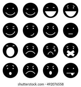 Vector Set of 16 Black Emoticons on White Background