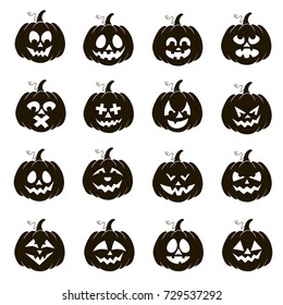 Vector set of 16 black funny silhouettes of faces from Halloween pumpkin