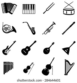 Vector Set of 16 Black Musical Instruments Icons