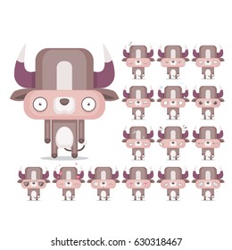 Vector set of 16 bull character emotions. Animal collection.