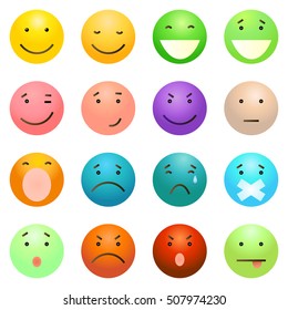 Vector Set of 16 Colorful Emoticons on White Background