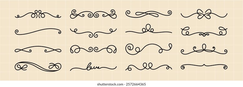 Vector set. Set of 16 decorative swirl dividers, elegant and ornate. Swirl dividers for design, decorative accents, and elegant embellishments. Ornate swirl patterns. Hand drawn ornament vector set.