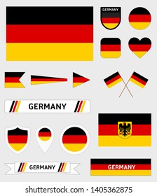 Vector set of 16 different german flag related illustrations with different shapes for many uses. Germany flags vector collection