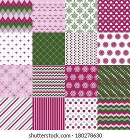 Vector set of 16 different seamless pattern - argyle, polka dot, damask, floral, striped, wave, abstract. Bright colors.