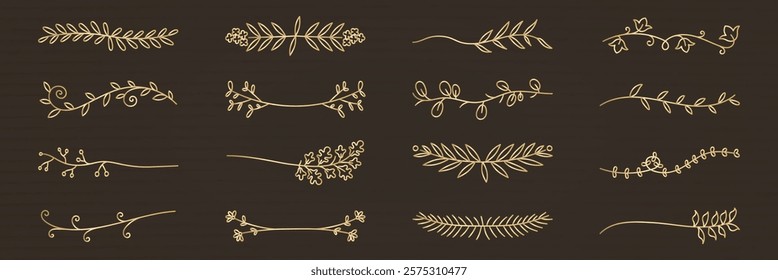 Vector set. Set of 16 elegant floral dividers. Hand-drawn floral elements in gold. Perfect for invitations, cards, and decorative projects. Floral dividers in gold. Hand drawn ornament vector set.