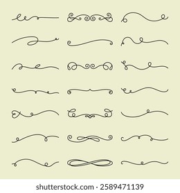 Vector set. Set of 16 elegant, hand-drawn decorative lines. Swirls and curls in various styles. Perfect for design projects, invitations, and decorative accents. Hand drawn ornament vector set.