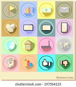 Vector set of 16 flat business icons with long shadow