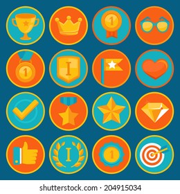 Vector set of 16 flat gamification icons - achievement badges in trendy style for apps and websites, involvement in participation in online business and education