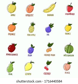 vector set of 16 fruits with the inscription of their name. Bright fruit