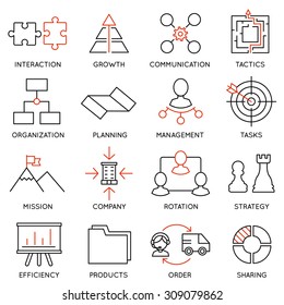 Conjunto de vectores de 16 iconos relacionados con la administración de negocios, la estrategia, el progreso de carrera y el proceso de negocios. Pictogramas de línea monocroma y elementos de diseño de infografía - parte 1