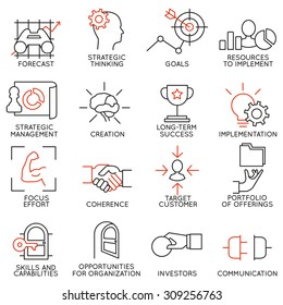 Vector set of 16 icons related to business management, strategy, career progress and business process. Mono line pictograms and infographics design elements - part 2