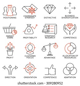 Vector set of 16 icons related to business management, strategy, career progress and business process. Mono line pictograms and infographics design elements - part 3