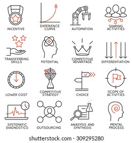 Conjunto de vectores de 16 iconos relacionados con la administración de negocios, la estrategia, el progreso de carrera y el proceso de negocios. Pictogramas de línea monocroma y elementos de diseño de infografía - parte 4