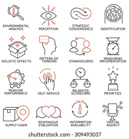 Vector set of 16 icons related to business management, strategy, career progress and business process. Mono line pictograms and infographics design elements - part 5