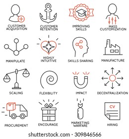 Vector set of 16 icons related to business management, strategy, career progress and business process. Mono line pictograms and infographics design elements - part 7