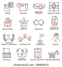 Vector set of 16 icons related to business management, strategy, career progress and business process. Mono line pictograms and infographics design elements - part 8