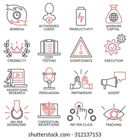 Vector set of 16 icons related to business management, strategy, career progress and business process. Mono line pictograms and infographics design elements - part 11