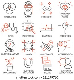 Vector set of 16 icons related to business management, strategy, career progress and business process. Mono line pictograms and infographics design elements - part 16