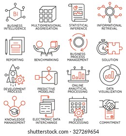 Vektorset mit 16 Symbolen für Business Management, Strategie, Karrierefortschritt und Geschäftsprozess. Mono-Line-Piktogramme und Infografik-Design-Elemente - Teil 25