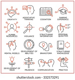 Vector set of 16 icons related to human resource management, mental process and useful abilities. Mono line pictograms and infographics design elements - part 1