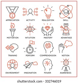 Vector set of 16 icons related to human resource management, mental process and useful abilities. Mono line pictograms and infographics design elements - part 2