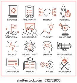 Vector set of 16 icons related to human resource management, mental process and useful abilities. Mono line pictograms and infographics design elements - part 3