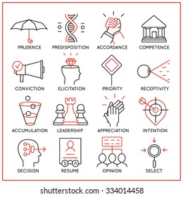 Vector set of 16 icons related to human resource management, mental process and useful abilities. Mono line pictograms and infographics design elements - part 4