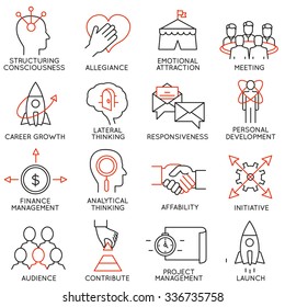 Vector set of 16 icons related to business management, strategy, career progress and business process. Mono line pictograms and infographics design elements - part 29