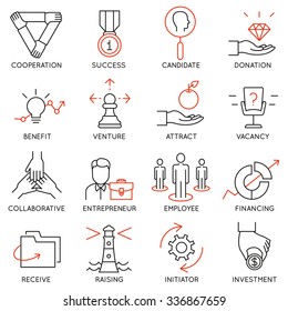 Vector set of 16 icons related to business management, strategy, career progress and business process. Mono line pictograms and infographics design elements - part 30