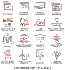 Vector set of 16 icons related to business management, strategy, career progress and business process. Mono line pictograms and infographics design elements - part 30