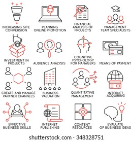 Vector set of 16 icons related to business management, strategy, career progress and business process. Mono line pictograms and infographics design elements - part 33