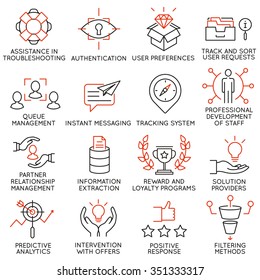 Vector set of 16 icons related to business management, strategy, career progress and business process. Mono line pictograms and infographics design elements - part 35