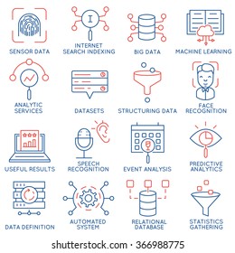 Conjunto de vectores de 16 iconos relacionados con la administración de negocios y datos, el servicio analítico y los conjuntos de datos. Pictogramas de línea monocroma y elementos de diseño de infografía - parte 1