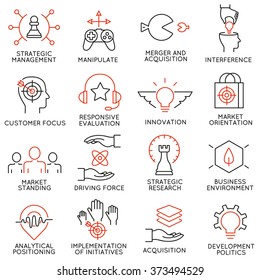Vector set of 16 icons related to business management, strategy, career progress and business process. Mono line pictograms and infographics design elements - part 40