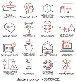 Vector set of 16 icons related to business and data management, analytic service and data science. Mono line pictograms and infographics design elements - part 2