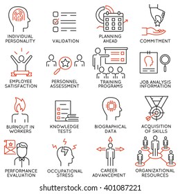 Vector set of 16 icons related to business management, strategy, career progress and business process. Mono line pictograms and infographics design elements - part 48