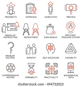 Vector set of 16 icons related to business management, strategy, career progress and business process. Mono line pictograms and infographics design elements