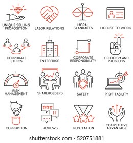 Vector set of 16 icons related to business ethics, management, strategy and development. Mono line pictograms and infographics design elements - part 1