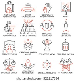 Vector set of 16 icons related to business ethics, management, strategy and development. Mono line pictograms and infographics design elements - part 2