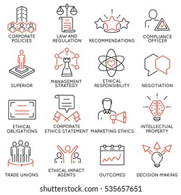 Vector Set Of 16 Icons Related To Business Ethics, Management, Strategy And Development. Mono Line Pictograms And Infographics Design Elements - Part 3