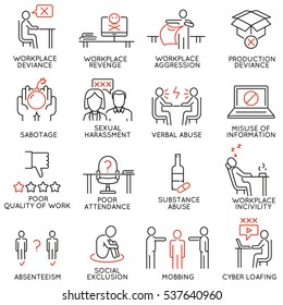 Vector set of 16 icons related to business ethics, organizational behavior in the workplace and workplace incivility. Mono line pictograms and infographics design elements - part 1